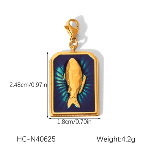 Detail showing dimensions of a blue enamel fish pendant in a gold-plated frame