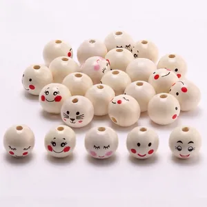 Natural 20mm round wood beads with various printed smiley faces for DIY craft jewelry making