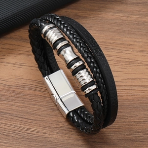 Three-layer braided black leather bracelet for men with polished silver metal beads