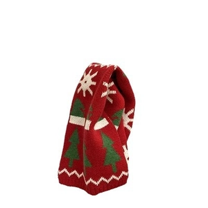 Kids red knitted Christmas scarf with green tree patterns and white snowflakes winter accessory