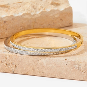 Double-row crystal inlaid stainless steel bangles in gold and silver finish