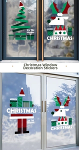 Detail of Christmas reindeer window stickers with Merry Christmas typography and gifts