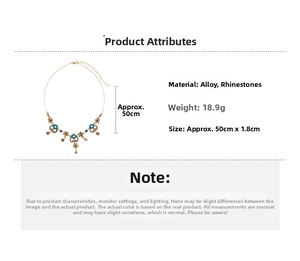 Detailed view of vintage gold flower necklace with blue crystals and size specifications