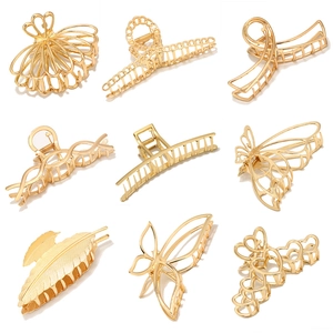 Alloy Metallic Gold Large Hair Claw Clips Butterfly Heart Hollow Nonslip Shark Hairclips For Women