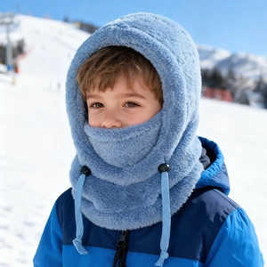 Close-up of sky blue plush winter hood with adjustable drawstring for outdoor skiing