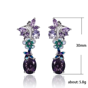 Elegant oval purple zircon flower drop earrings with colorful enamel floral details