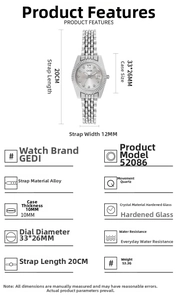 Detailed technical specification chart for elegant quartz watch with size measurements