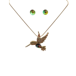 Parure collier et boucles d'oreilles colibri en cuivre et zircon avec cristaux colorés