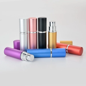 Detailed view of 5ml multi-color matte aluminum perfume spray bottles with glass liners