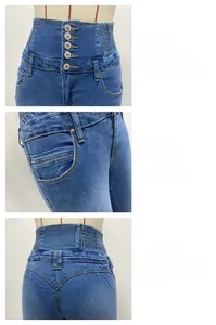 Detail of high waist denim jeans featuring 5-button closure and elastic side pleats