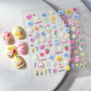 3D embossed nail stickers featuring cute rabbits and flowers in macaron colors
