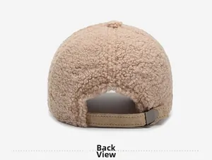 Detailed back view of beige fleece baseball cap with adjustable strap and metal buckle