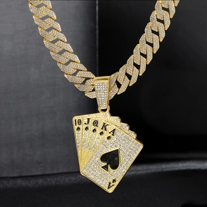 Iced out gold Cuban link necklace with royal flush poker cards pendant for men