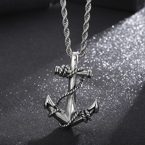 Retro stainless steel punk anchor skull pendant necklace with twisted rope chain design