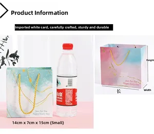 Pink and teal gift bags with Just For You text compared to a water bottle for scale