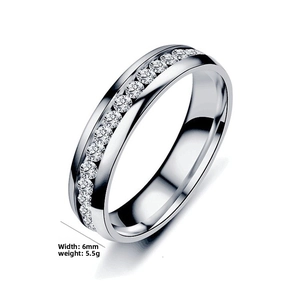 Detail view of 6mm wide titanium steel ring with channel-set zircons weighing 5.5g