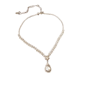 Silver water drop fringe necklace with rhinestone pear-shaped pendant and halo design