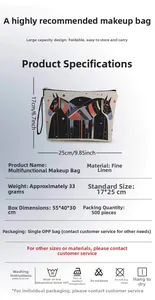 Detail view of linen horse print makeup bag showing 25x17cm dimensions and zip closure