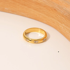 18k gold plated stainless steel wide ring with three marquise-cut zircon stones