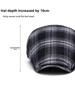 Detail shot of vintage plaid newsboy cap showing 10cm deep crown and fabric texture