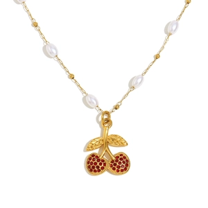 18K gold plated stainless steel necklace with red cherry pendant and white pearls