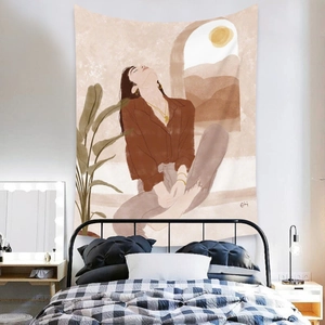 Detailed Bohemian tapestry hanging in a minimalist bedroom with warm earth tones