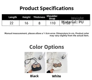 Detailed size specifications and material chart for the owl-shaped PU leather crossbody bag