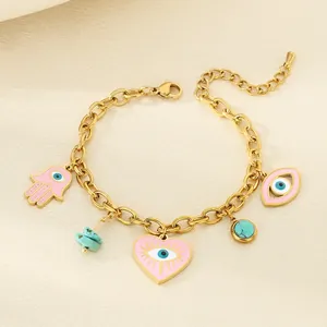 Evil Eye Hamsa Hand Herz Anhänger Armband Edelstahl Rosa Emaille Türkis Böhmischer Modeschmuck Für Damen