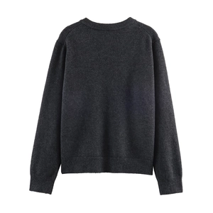 Close-up of the ribbed knit neckline and fine texture on a dark grey cardigan