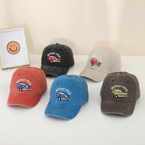 Five colors of vintage washed cotton kids baseball caps with retro motor car embroidery