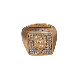 Hip hop lion head gold ring for men with rhinestone inlay and 1.9cm inner diameter size
