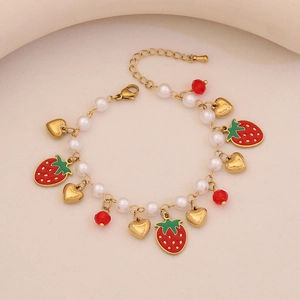 Cute strawberry pearl bracelet with gold charms and heart pendants for elegant women