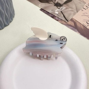 Cute pig shaped acetate hair claw clip with wings and pink blue marble texture