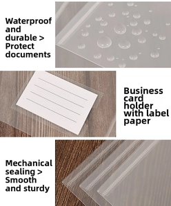 Detail of waterproof A4 plastic folder showing business card slot and heat-sealed edges