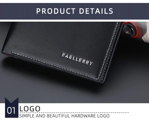 Close-up of the embossed logo on a black leather wallet for men, showcasing premium details
