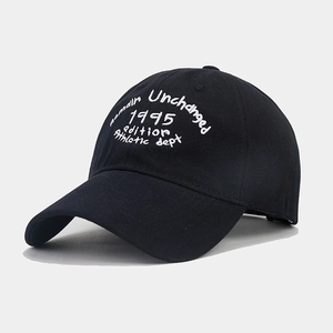 Close-up of vintage athletic embroidery on black cotton twill baseball cap