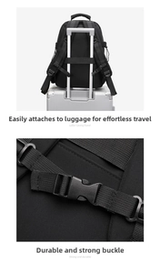 Detail of multi-functional backpack with luggage strap and durable plastic buckle