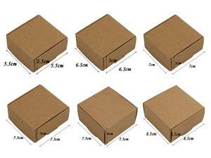 Six sizes of brown kraft paper gift boxes with precise cm dimensions on white background