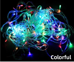 Macro shot of 100 colorful LED beads on clear wires for festive holiday decoration