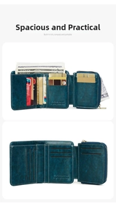 Dettaglio dell'interno del portafoglio in pelle blu con slot per carte e zip a lato