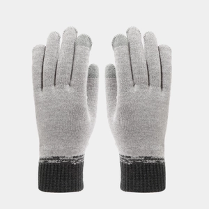 Detailed view of dual-tone knit gloves with touch-screen tips and ribbed cuffs