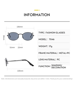 Detailed size chart for oval sunglasses showing frame width 136mm and 17g weight