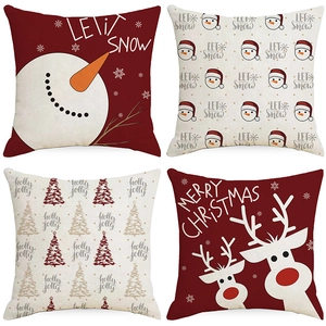 Vierer-Set Weihnachts-Kissenbezüge aus Leinen mit Rentier- und Schneemann-Motiven