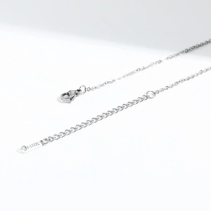 Close-up of stainless steel extension chain with lobster clasp and S.STEEL engraved tag
