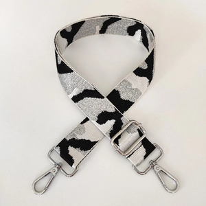 Adjustable camouflage pattern shoulder strap with silver metallic thread and metal hooks