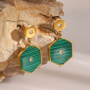 Golden double hexagonal malachite earrings with central sparkling crystal accent