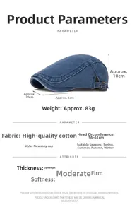 Blue denim ivy cap detail showing measurements 56-61cm circumference and side metal buckle