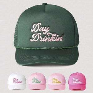 Detail view of colorful trucker hats with mesh back and Day Drinkin' embroidery