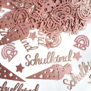Rose gold glitter Schulkind confetti with rainbow and star shapes for back to school party