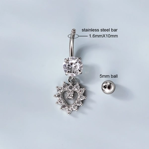 Silver stainless steel belly button ring with heart-shaped zirconia pendant 1.6x10mm